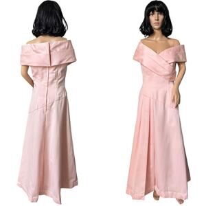 1980s Victor Costa Blush Pink Off-Shoulder Satin Gown Formal Evening medium